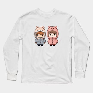 Kawaii boy and girl with cute winter coats Long Sleeve T-Shirt